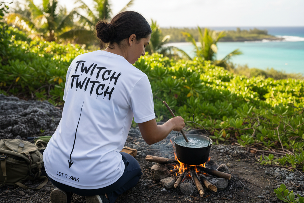 OFF DE HOOK (ODH) Men's Fishing Performance Jersey - White | Moisture-Wicking | "TWITCH TWITCH" Back Print