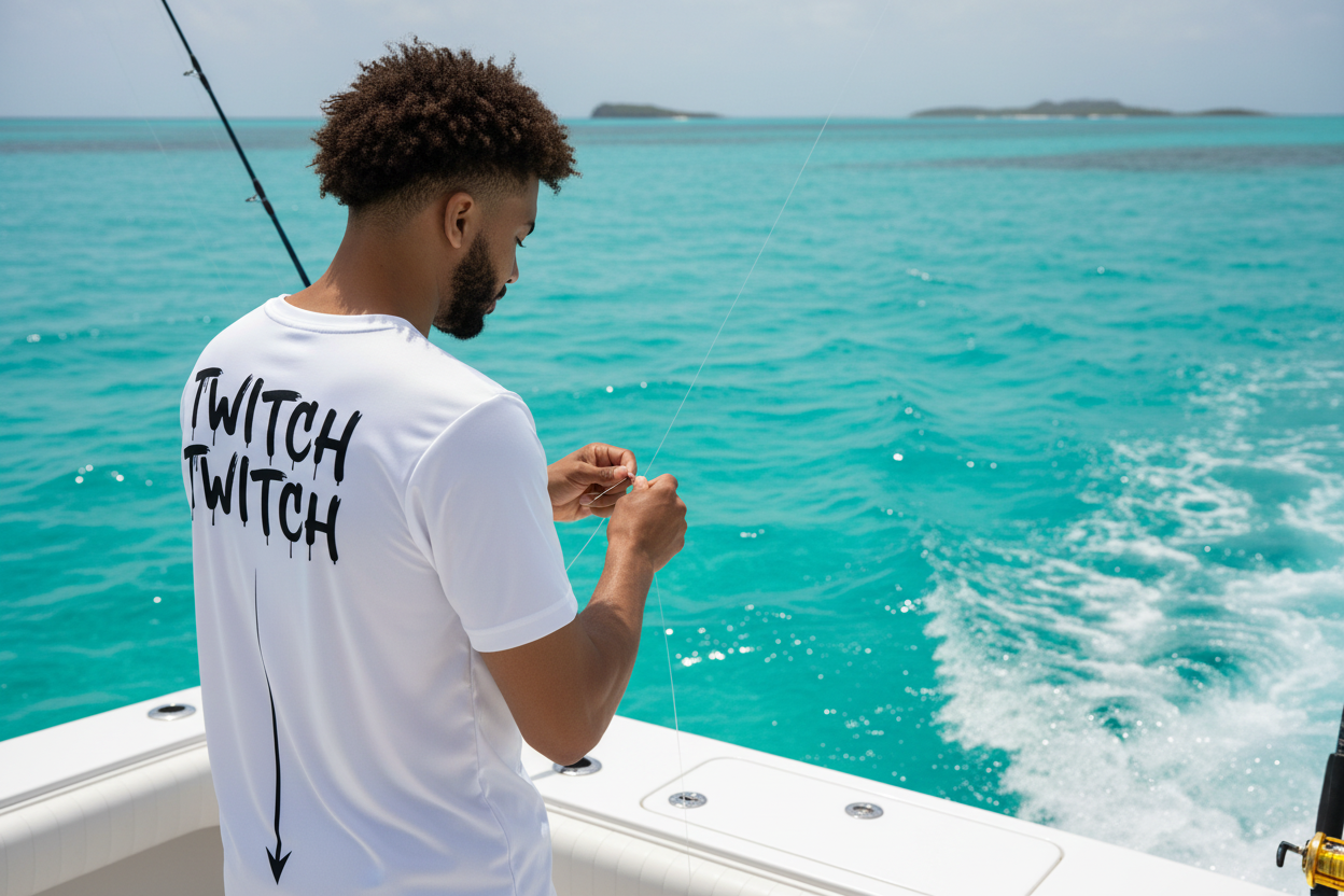 OFF DE HOOK (ODH) Men's Fishing Performance Jersey - White | Moisture-Wicking | "TWITCH TWITCH" Back Print